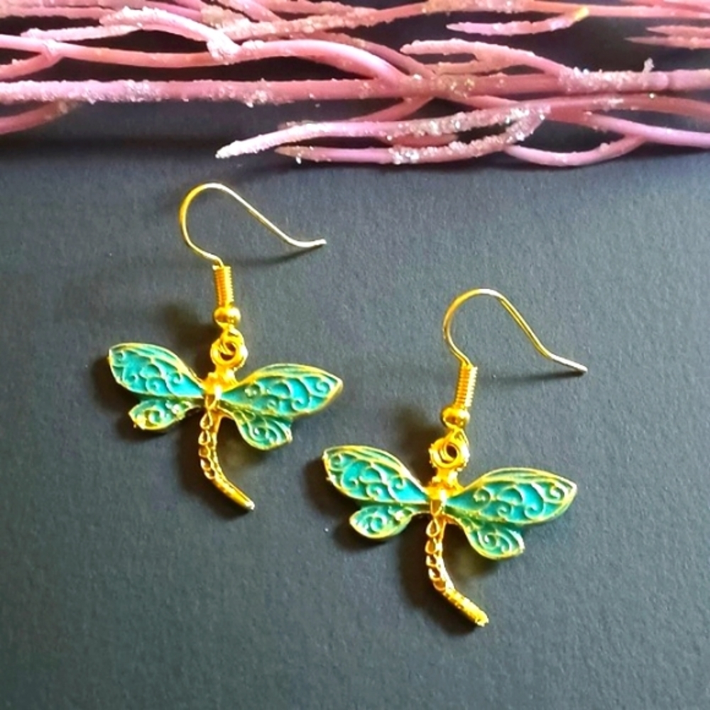 Beautiful Turquoise And Gold Dragonfly Handmade Earrings
